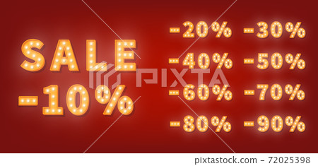 Marquee sale discount numbers. 3d vector set of gold light bulb numbers. Promotion sale price template 72025398