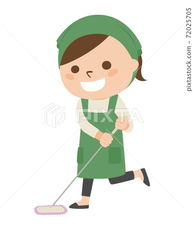 A smiling woman in an apron. Illustration of a woman cleaning the floor with a mop. A smiling woman in an apron. Illustration of a woman cleaning the floor with a mop. 72025705