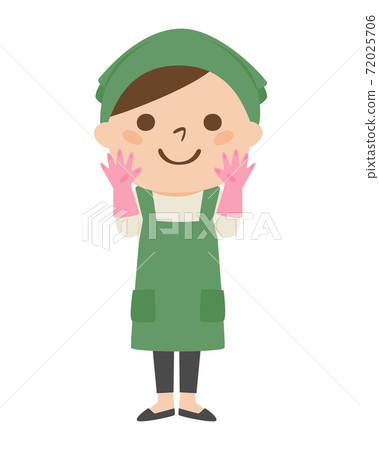 A smiling woman in an apron. Illustration of a woman wearing cleaning gloves. A smiling woman in an apron. Illustration of a woman wearing cleaning gloves. 72025706