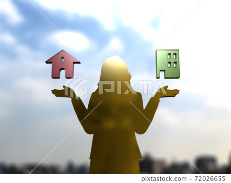 Silhouette of a woman with open arms worried about whether it is a detached house or an apartment 3DCG illustration 72026655
