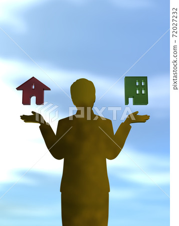 一個人張開雙臂的輪廓擔心它是獨立式住宅還是公寓3DCG插圖 72027232