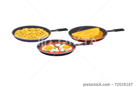 Omelette and Scrambled Eggs as Tasty Dishes with Egg Ingredient Served on Frying Pan Vector Set Omelette and Scrambled Eggs as Tasty Dishes with Egg Ingredient Served on Frying Pan Vector Set 72028187