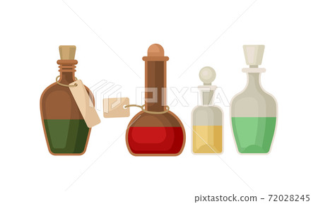 Glass Labeled Bottles with Cork as Ancient Medical Tools and Laboratory Equipment Vector Set 72028245