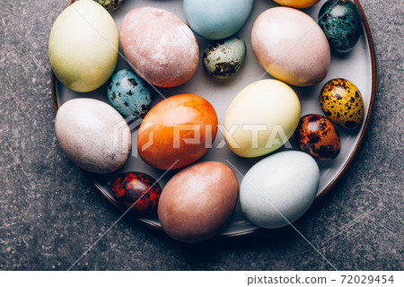 Homemade naturally dyed eggs. Homemade naturally dyed eggs. 72029454