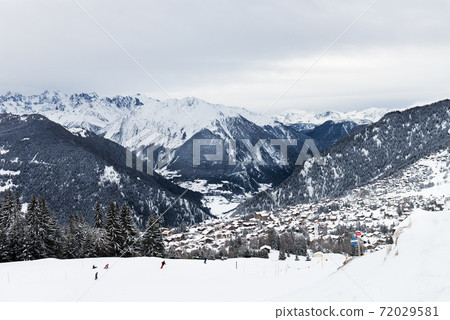 Winter view on the valley in Swiss Alps, Verbier, Switzerland 72029581