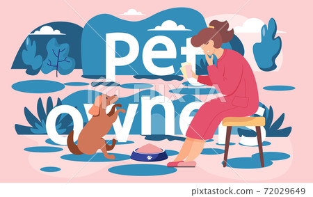 A woman in a red dress sitting on a bench looking at a dog. Female in the park is resting with a pet 72029649