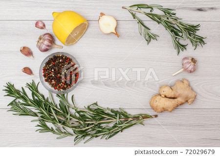 Ingredients for cooking meat or fish on wooden boards. Ingredients for cooking meat or fish on wooden boards. 72029679