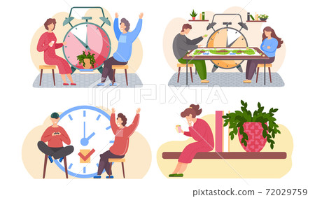 Set of illustrations on the theme of spending time with friends and acquaintances. Big alarm clock Set of illustrations on the theme of spending time with friends and acquaintances. Big alarm clock 72029759