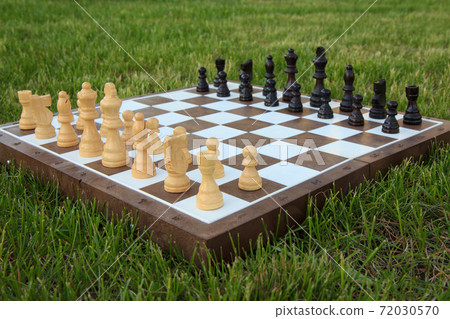 Chess board with chess pieces on green grass. Chess board with chess pieces on green grass. 72030570