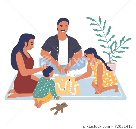 Happy family playing board game sitting on the rug, flat vector illustration. Home leisure activities and entertainment. Happy family playing board game sitting on the rug, flat vector illustration. Home leisure activities and entertainment. 72031412