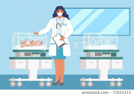 Female doctor standing next to newborn baby in incubator, flat vector illustration. Neonatal resuscitation. Female doctor standing next to newborn baby in incubator, flat vector illustration. Neonatal resuscitation. 72031413