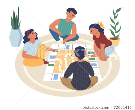 Friends, kids, teens playing board game sitting on the floor, flat vector illustration. Home leisure activities. Friends, kids, teens playing board game sitting on the floor, flat vector illustration. Home leisure activities. 72031415