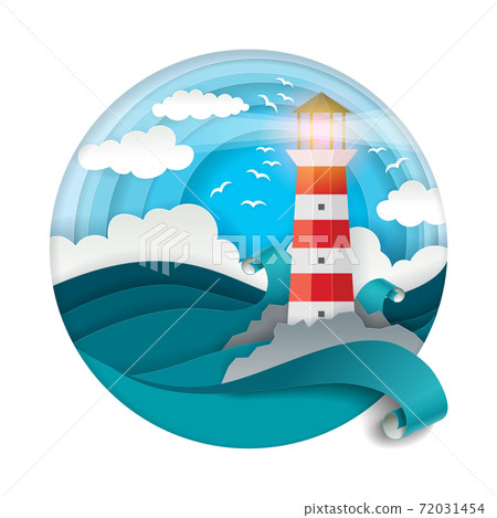 Lighthouse among raging waves vector illustration in paper art style Lighthouse among raging waves vector illustration in paper art style 72031454