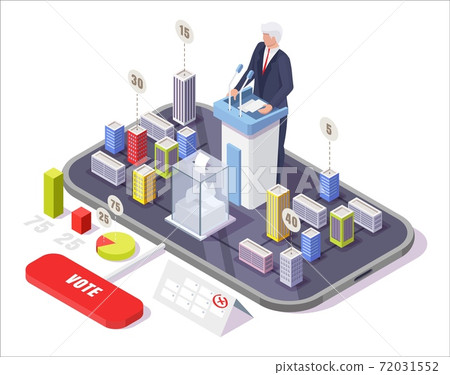 Isometric smartphone with political candidate behind rostrum, ballot box on screen, vector illustration. Online voting. Isometric smartphone with political candidate behind rostrum, ballot box on screen, vector illustration. Online voting. 72031552