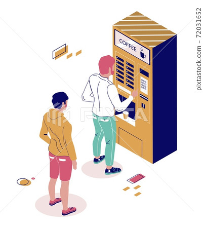 People buying coffee drink from coffee vending machine, flat vector isometric illustration. Vending machine technology. 72031652
