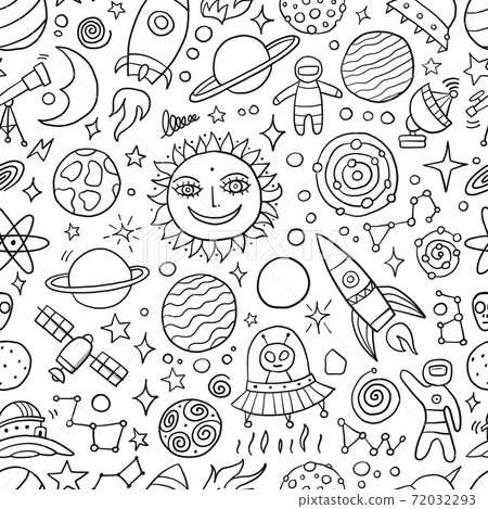 Space Background. Planets of the solar system. Rockets and astronauts. Seamless Pattern for your design 72032293
