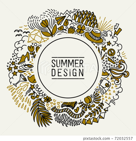 Summer black and gold hand drawn round thin line postcard. Seasonal greeting with word Summer. Doodle summer card with floral elements, flowers, sun, bird, clouds, leaves. Summer black and gold hand drawn round thin line postcard. Seasonal greeting with word Summer. Doodle summer card with floral elements, flowers, sun, bird, clouds, leaves. 72032557