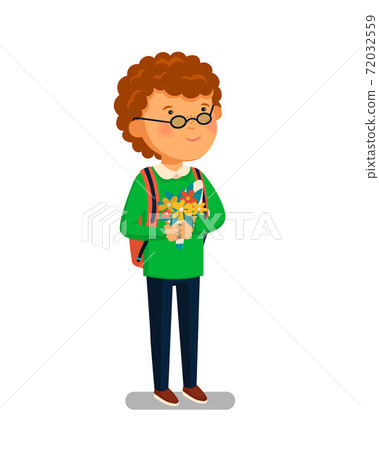 Schoolboy vector. Happy schoolboy with backpack holding bouquet of flowers for his teacher. Flat cartoon illustration. First school year. Back to school. Schoolboy vector. Happy schoolboy with backpack holding bouquet of flowers for his teacher. Flat cartoon illustration. First school year. Back to school. 72032559