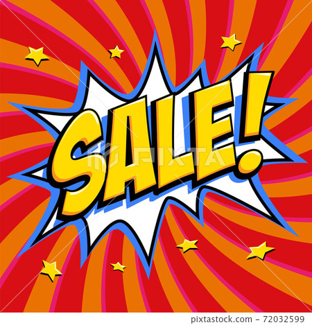 Red sale web banner. Pop art comic sale discount promotion banner. Big sale background. Decorative background with bomb explosive. Comics pop-art style bang shape on red twisted background. Ideal for 72032599