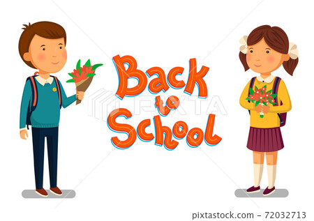Vector Schoolboy and schoolgirl with Back to school text template. Happy Boy and girl with backpacks holding bouquets of flowers for their teacher. Elementary school students. Flat cartoon 72032713