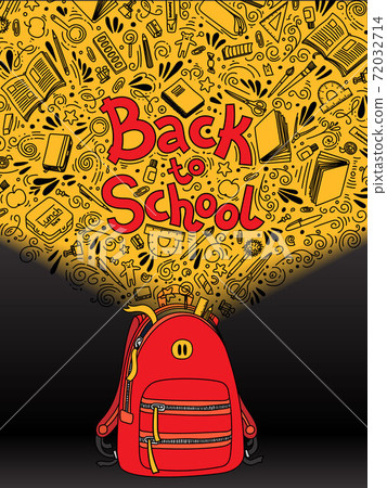 Stationery collection. Outline style. Back to school thin line vector doodle illustration template isolated on dark background. Sketchy vector backpack with stationery for graphic design, web banner 72032714