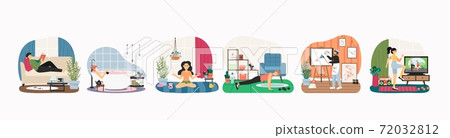 Stay home in quarantine scene set, flat vector illustration. Leisure, home activities. Self isolation. Stay home in quarantine scene set, flat vector illustration. Leisure, home activities. Self isolation. 72032812
