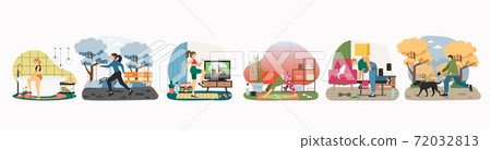 Stay home in quarantine scene set, flat vector illustration. Sport, home fitness, leisure. Stay home in quarantine scene set, flat vector illustration. Sport, home fitness, leisure. 72032813