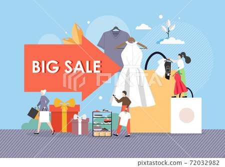 Big sale arrow sign, happy male and female... - Stock Illustration ...