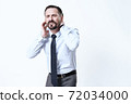 A man in a shirt stands and holds on to sore neck. 72034000