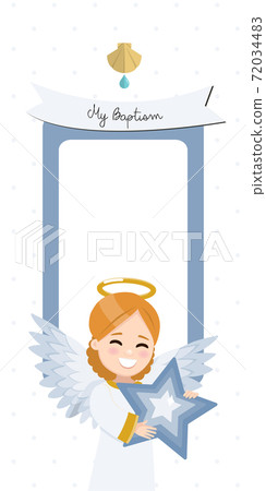 Angel with a blue star. Baptism vertical invitation with message. Vector illustration Angel with a blue star. Baptism vertical invitation with message. Vector illustration 72034483