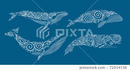 Wild Whale Set with Ethnic Ornaments - Stock Illustration [72034536 ...