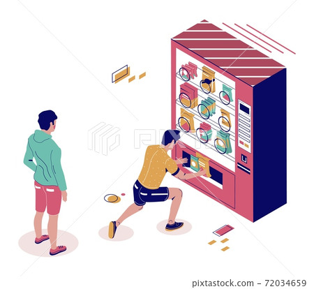 Male characters buying snacks from vending machine, flat vector isometric illustration. Snack food automatic machine 72034659