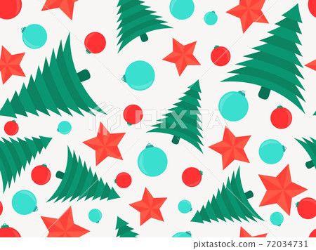 Seamless pattern Christmas tree and Christmas Balls with stars. Xmas ornaments for greeting cards, wrapping paper, banners and posters. Vector illustration 72034731