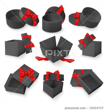 Vector set of gift black boxes with red bow and ribbon. 3D realistic objects isolated on white background. Christmas and birthday holiday decoration. Black friday sale presents Vector set of gift black boxes with red bow and ribbon. 3D realistic objects isolated on white background. Christmas and birthday holiday decoration. Black friday sale presents 72034737