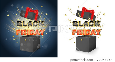 Black friday promotion sale box with surprise. Black gift box with red bow and ribbon. 3d vector concept for black friday promo discount Black friday promotion sale box with surprise. Black gift box with red bow and ribbon. 3d vector concept for black friday promo discount 72034738