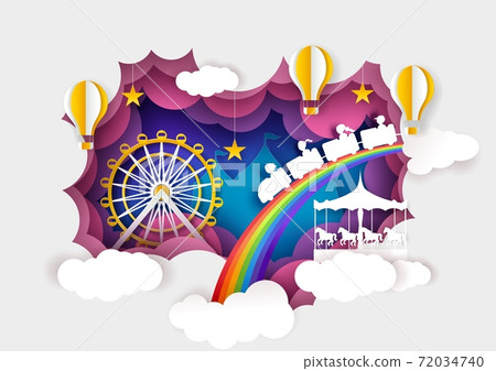 Paper cut ferris wheel, carousel, kids train, hot air balloons. Vector illustration in paper art style. Paper cut ferris wheel, carousel, kids train, hot air balloons. Vector illustration in paper art style. 72034740