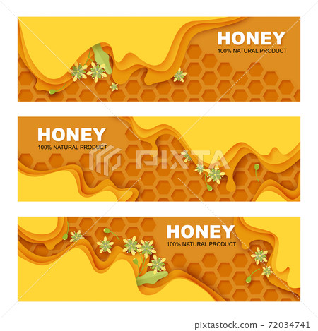 Honey, healthy organic natural product banner template set. Vector illustration in paper art style. Honey, healthy organic natural product banner template set. Vector illustration in paper art style. 72034741