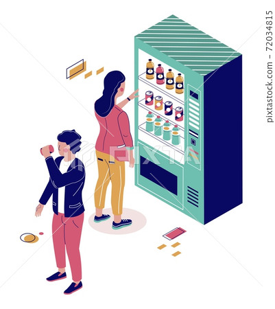 People buying soda, cola, water from drink vending machine, flat vector isometric illustration. Beverage vending machine 72034815