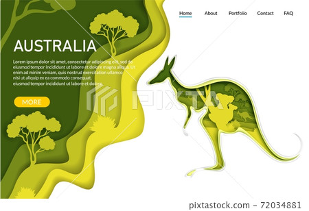 Australia vector website landing page template. Paper cut craft kangaroo silhouette with Australian nature, koala bears. Australia vector website landing page template. Paper cut craft kangaroo silhouette with Australian nature, koala bears. 72034881