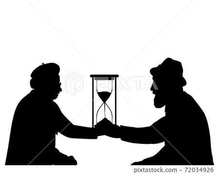 Silhouettes of grandparents holding hourglass time symbol Silhouettes of grandparents holding hourglass time symbol 72034926