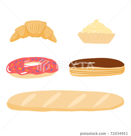 Set bakery products on white background. Cartoon baguette, doughnut, eclair, muffin, croissant in style doodle. Set bakery products on white background. Cartoon baguette, doughnut, eclair, muffin, croissant in style doodle. 72034951