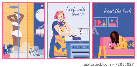 Set cards with women enjoying free time at home, cartoon vector illustration. 72035027