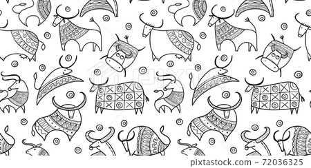Funny bulls collection. Lunar horoscope sign. Happy new year 2021. Bull, ox, cow. Seamless pattern for your design 72036325