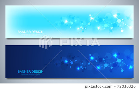 Banners design template with molecular structures and neural network. Abstract molecules and genetic engineering background. Science and innovation technology concept. 72036326