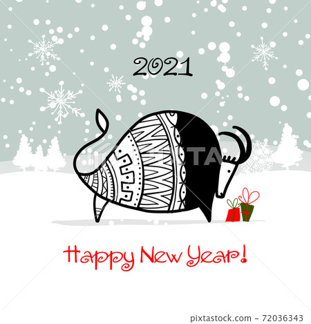 Happy new year 2021. Bull, ox, cow. Winter forest Background. Template for your design - poster, card, invitation Happy new year 2021. Bull, ox, cow. Winter forest Background. Template for your design - poster, card, invitation 72036343
