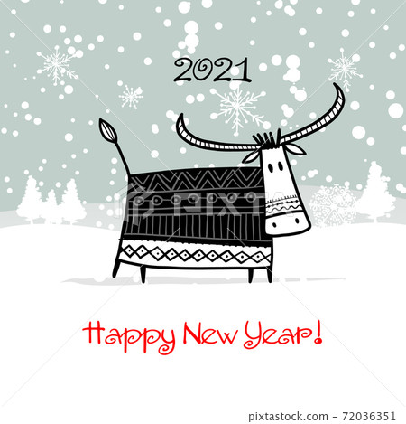 Happy new year 2021. Bull, ox, cow. Winter forest Background. Template for your design - poster, card, invitation 72036351