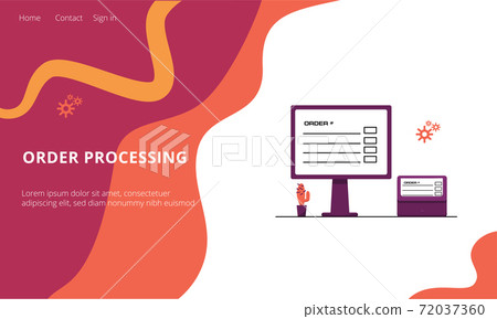 Order processing landing page - online shopping and fast delivery concept. Processing online purchase on monitor and printer. Vector stock flat illustration isolated on abstract white background 72037360