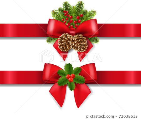 Christmas Silk Red Ribbon With Holly Berry Background Christmas Silk Red Ribbon With Holly Berry Background 72038612