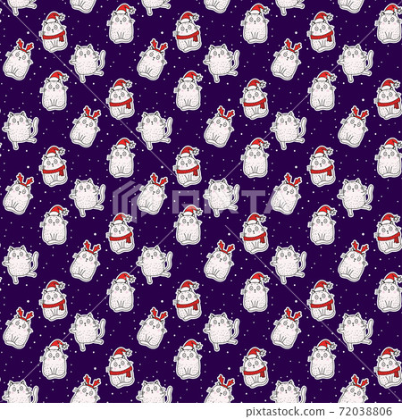 Seamless patterns. White cute cats in a hat with antlers, in a Santa hat, in a scarf on blue background with white snowflakes. Vector illustration. Festive Christmas and New Year design and decor Seamless patterns. White cute cats in a hat with antlers, in a Santa hat, in a scarf on blue background with white snowflakes. Vector illustration. Festive Christmas and New Year design and decor 72038806