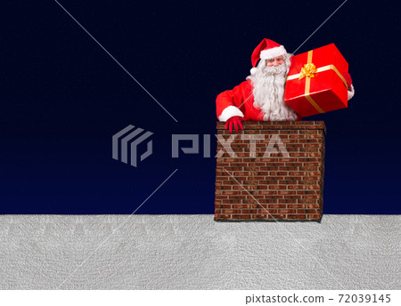 Cheerful Santa Claus peek out from a chimney on snowy roof and hold Christmas box in his hand. Cheerful Santa Claus peek out from a chimney on snowy roof and hold Christmas box in his hand. 72039145